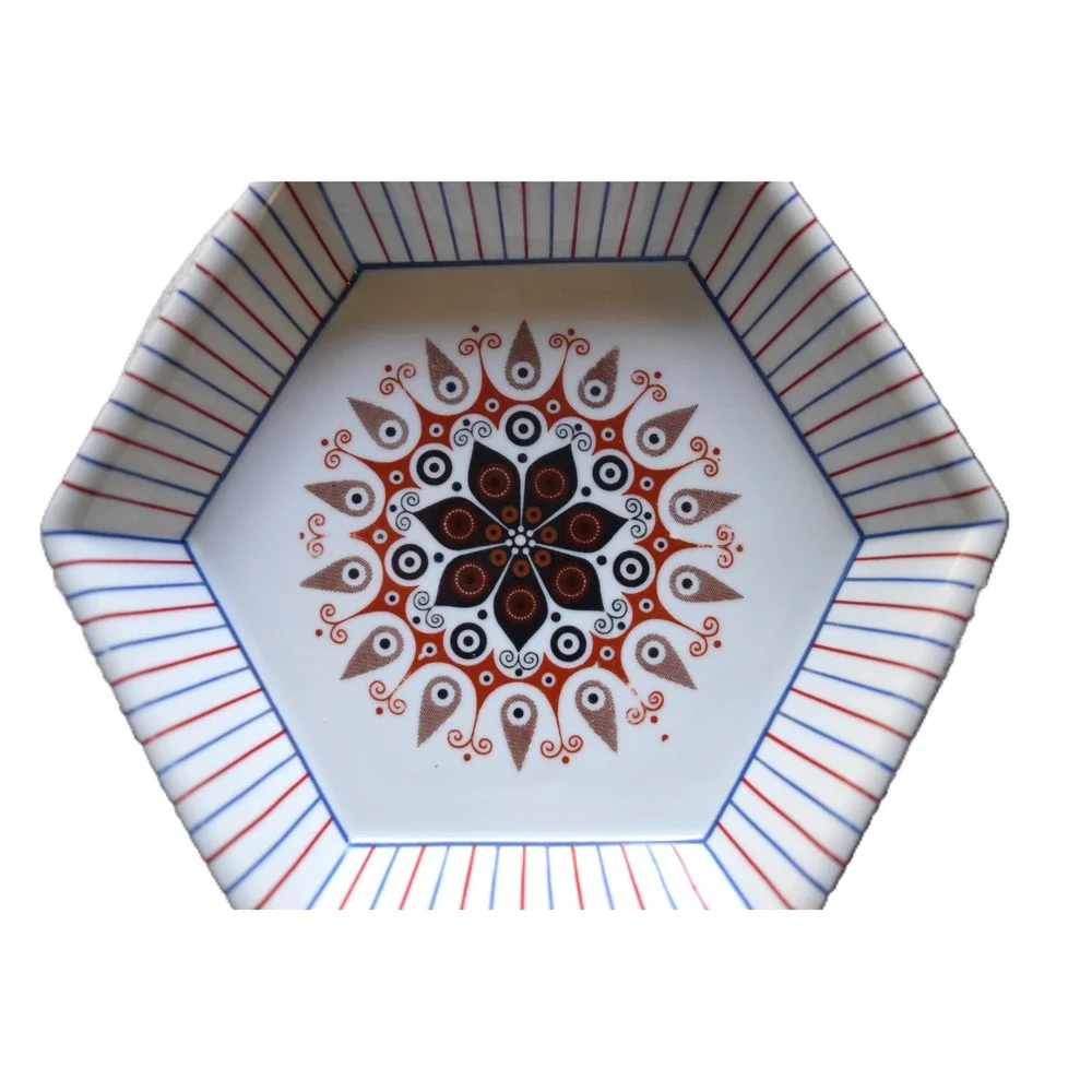 EUC Hexagonal Appetizer Plates 2pc 7.25in White Red Blue Good Mandala Boho